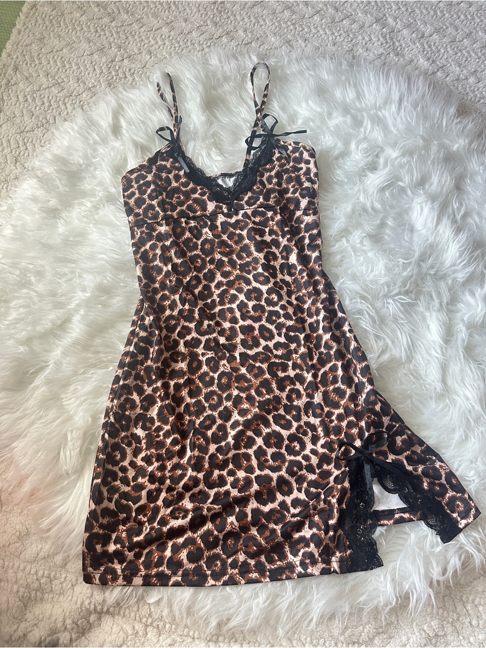 Leopard Chemise Nightdress with Lace Trim - Brown/Black